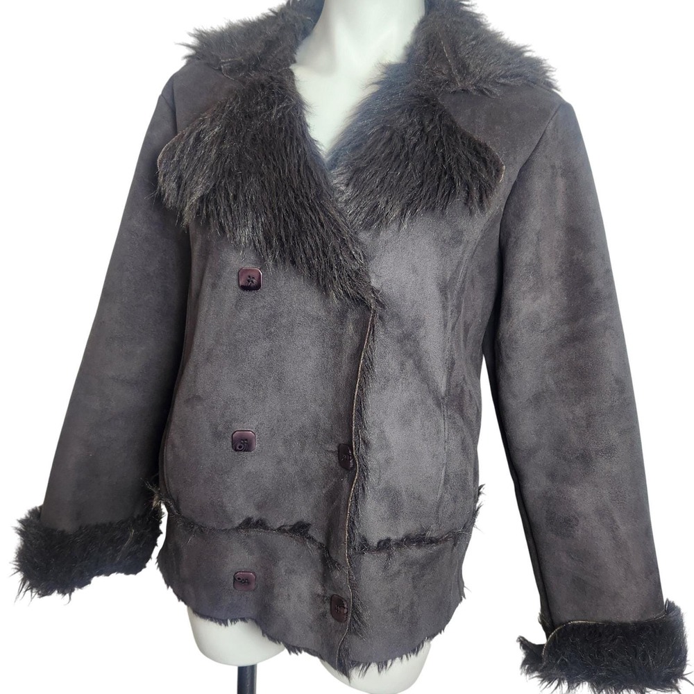 Y2k Penny Lane Faux Fur‎ trimmed coat Dark Brown XL Retro Bohemian